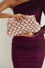 Puffy Quilted Satin Clucth Bag with Detachable Crossbody Strap - Beige
