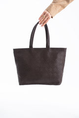 Woven Pu Leather Tote Bag with Matching Zipper Pouch 2PCS Set - Brown