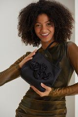 Floral Satin Handbag with Detachable Crossbody Strap - Black