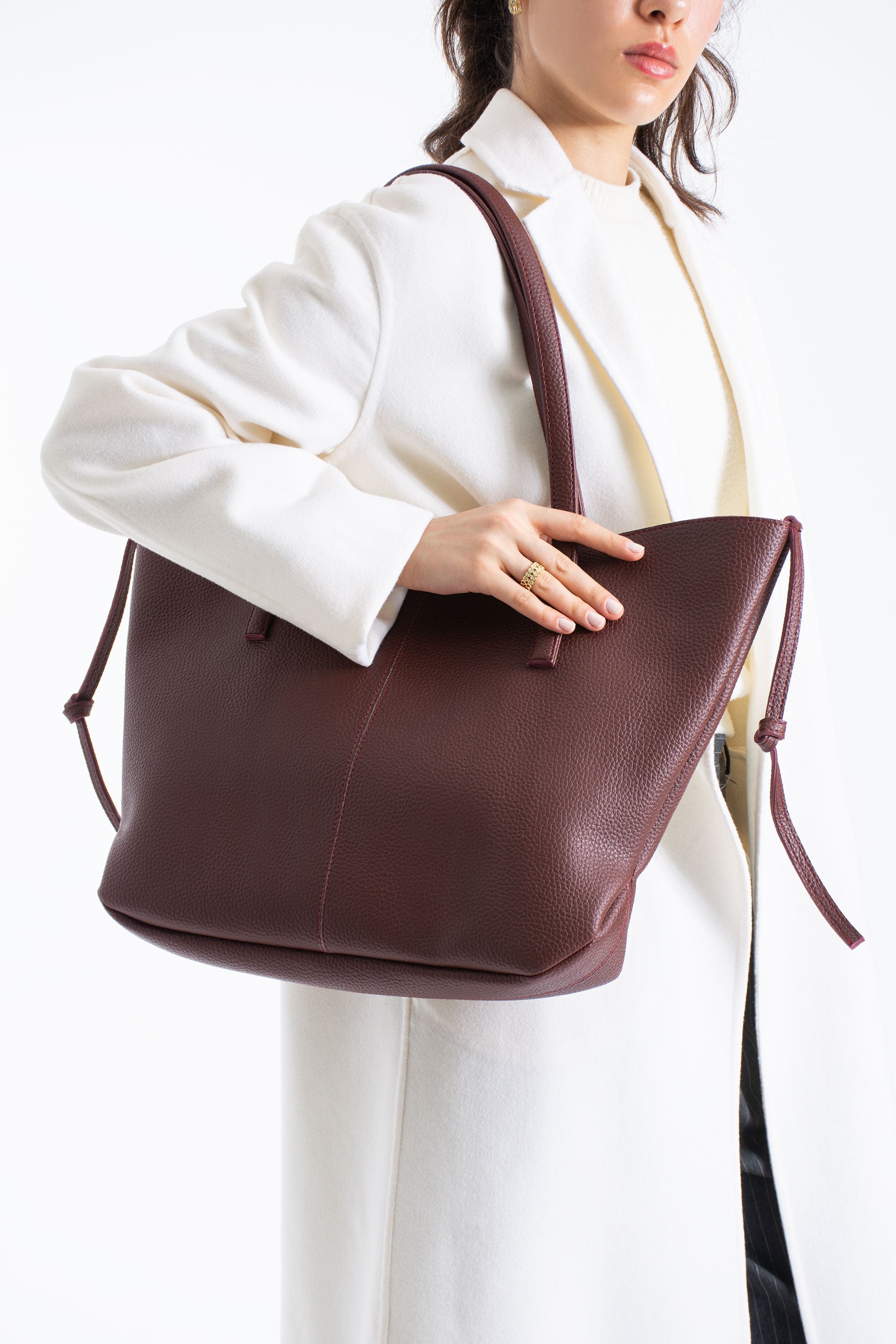 Grain Pu Leather Large Tote Bag with Matching Zipper Pouch  2PCS Set - Burgundy