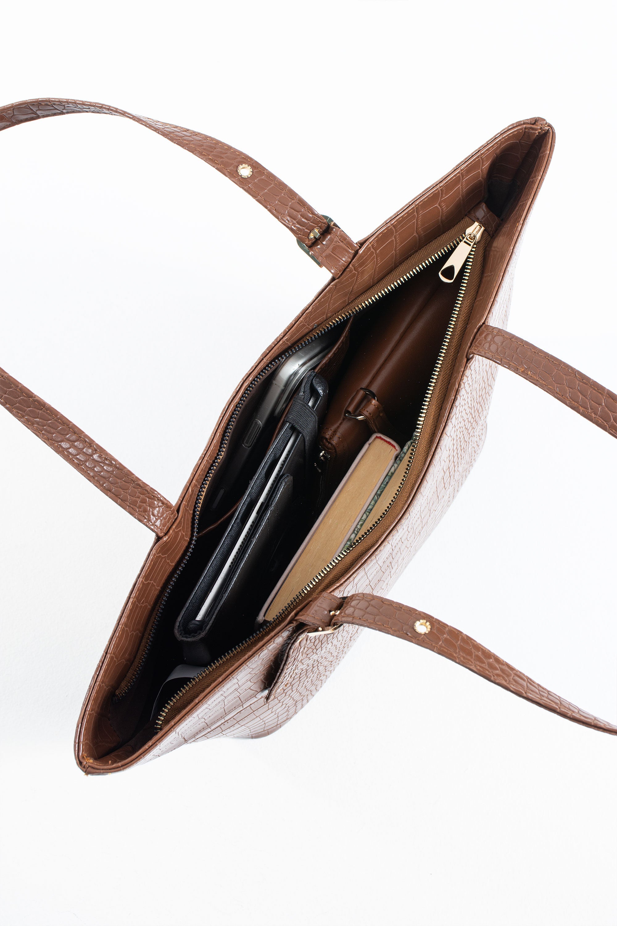 Textured  Pu Leather Tote Bag with Matching Zipper Pouch 2PCS Set - Brown
