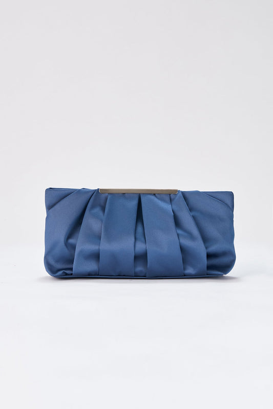 Pleated Satin Clutch Bag with Detachable Strap - Blue