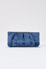 Pleated Satin Clutch Bag with Detachable Strap - Blue