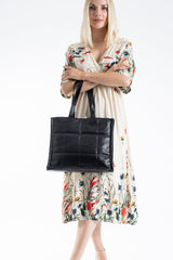 Quilted Crinkle Patent Pu Leather Tote Bag - Black