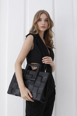 Braided Convertible Tote Bag with Detachable Crossbody Strap - Black