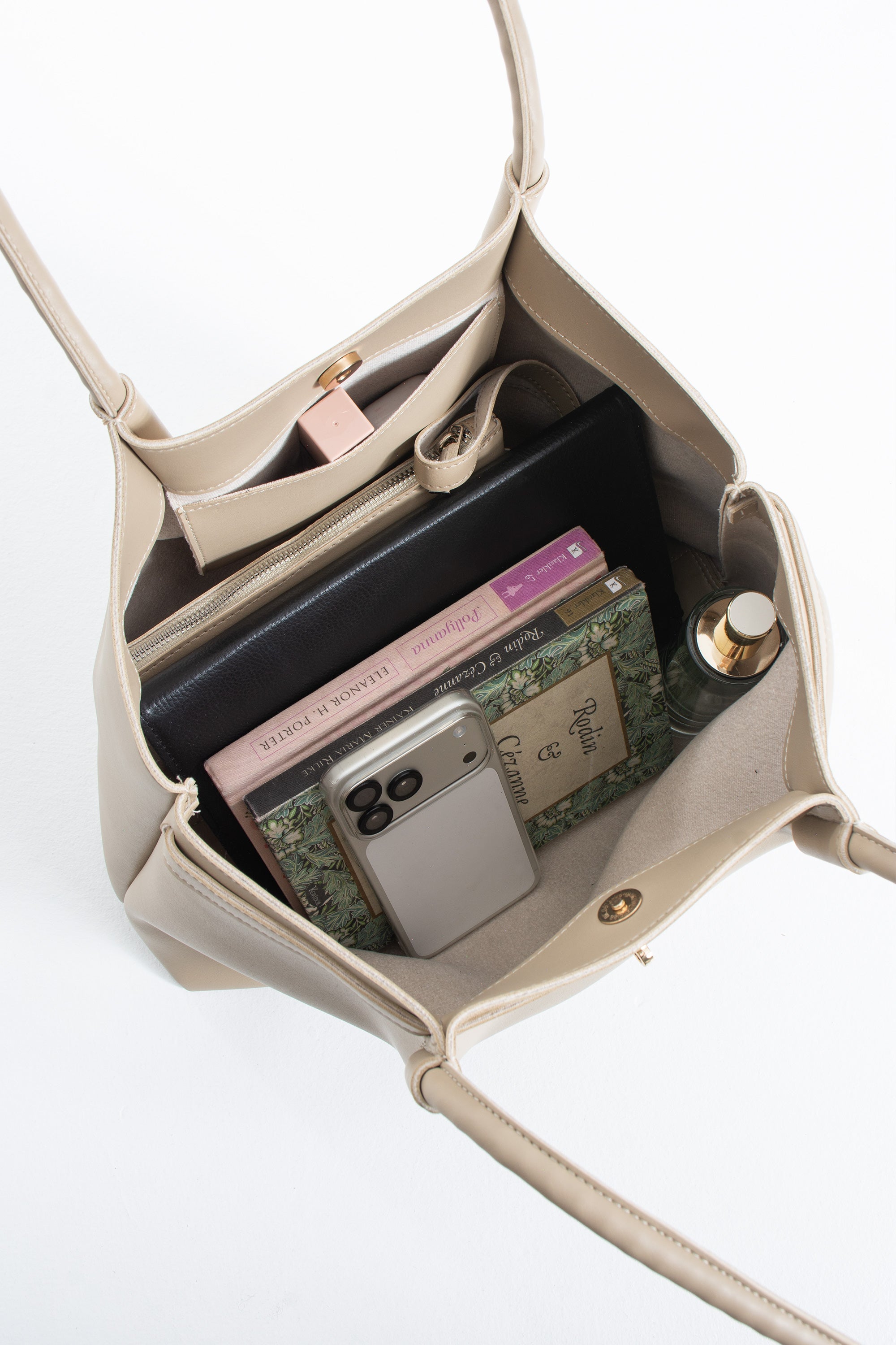Large PU Leather Shopper Tote Bag with Matching Pouch - Beige