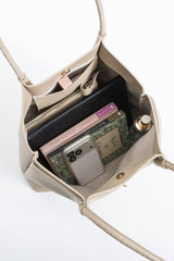 Large PU Leather Shopper Tote Bag with Matching Pouch - Beige