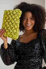 Puffy Quilted Satin Clucth Bag with Detachable Crossbody Strap - Lime
