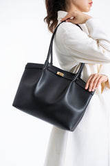 Large PU Leather Shopper Tote Bag with Matching Pouch - Black