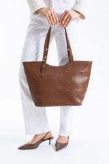 Textured  Pu Leather Tote Bag with Matching Zipper Pouch 2PCS Set - Brown