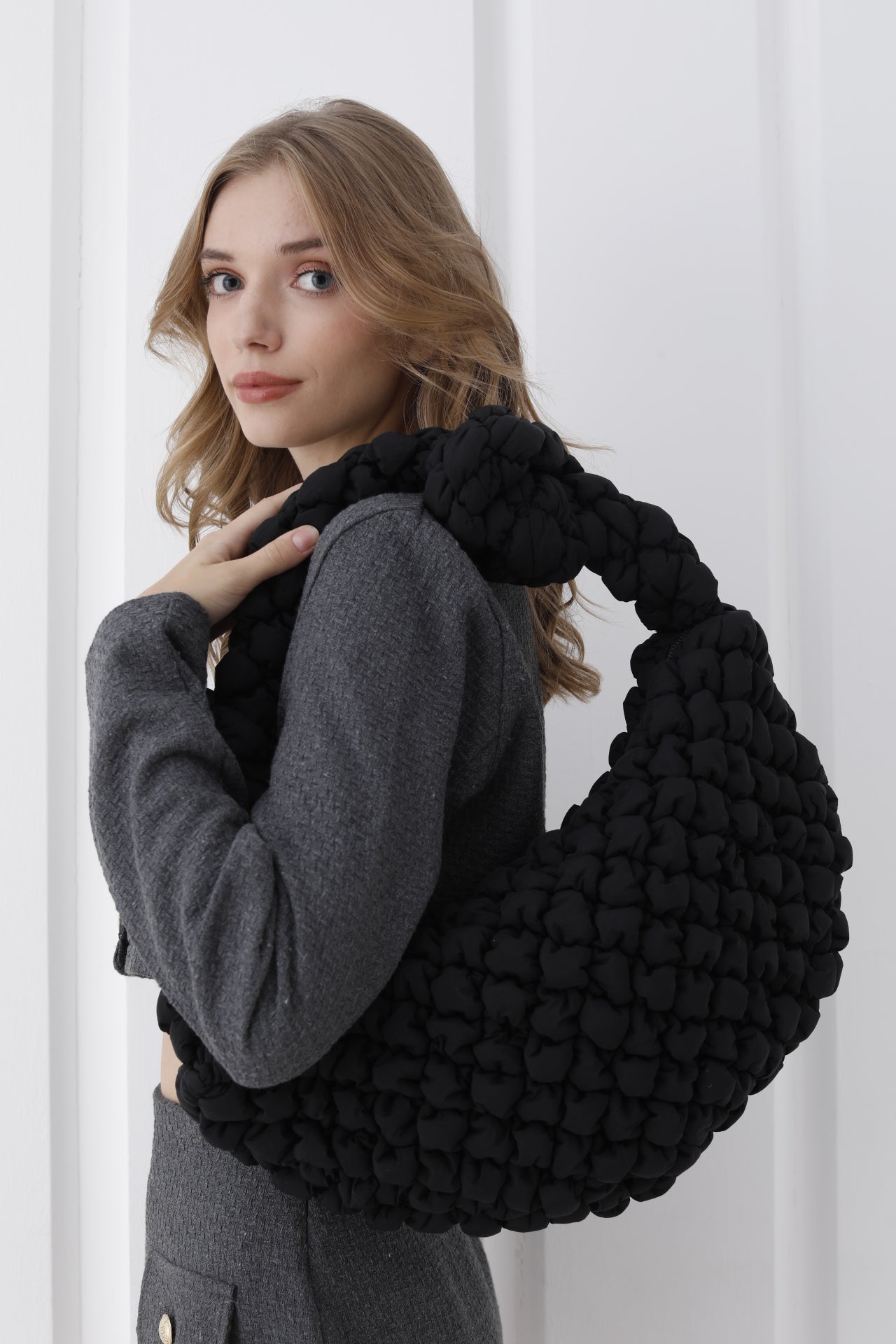 Puffy Quilted Lightweight Large Shoulder Bag - Black