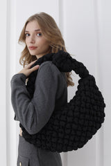 Puffy Quilted Lightweight Large Shoulder Bag - Black