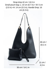 Hobo Shoulder Bag for Women with Matching Zip Pouch, 2PCS - Black