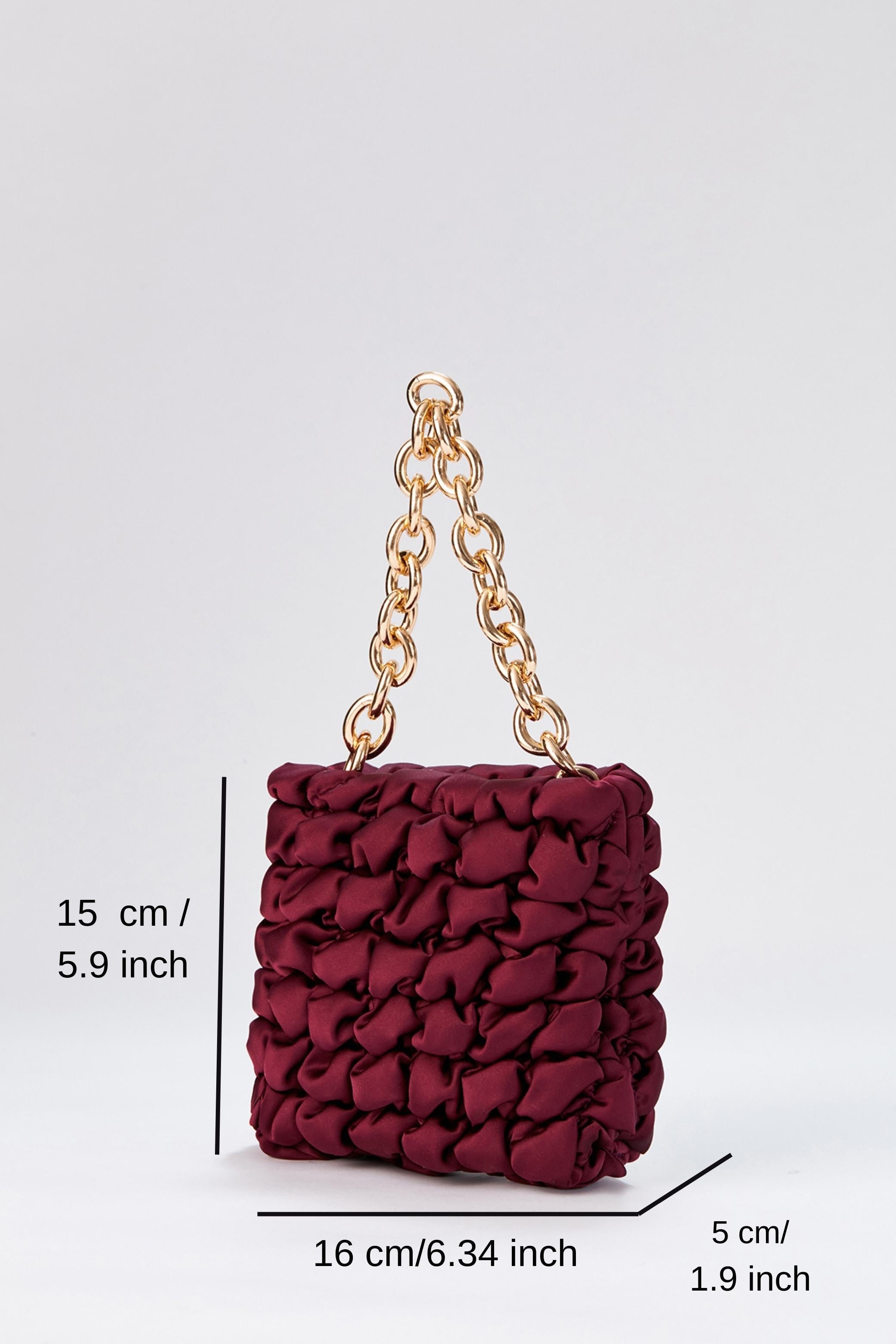 Quilted Satin Chunky Chain Handbag - Burgundy