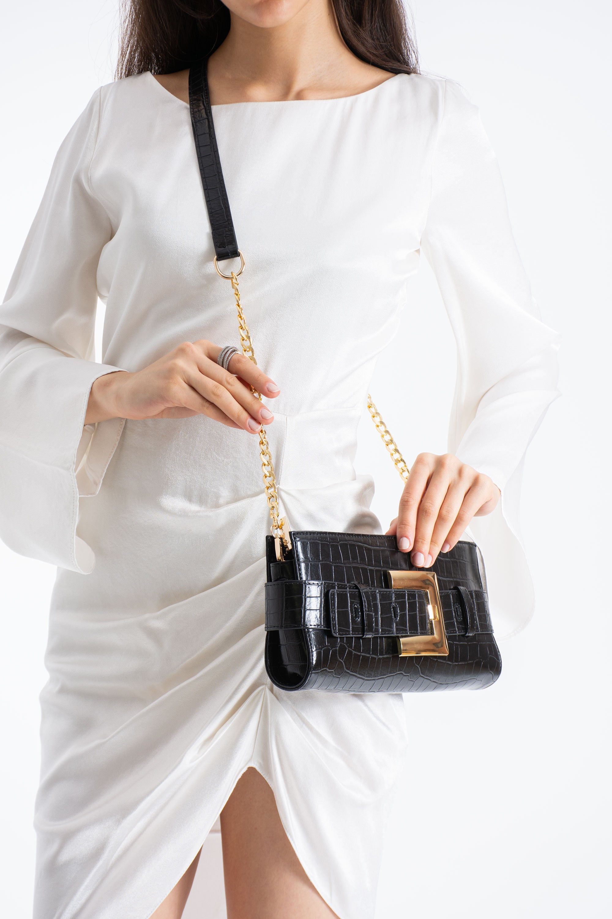 Croc PU Leather Shoulder & Clutch Bag with Large Gold Buckle - Black