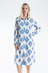 Women’s Linen Blend Ornamental Print Midi Shirt Dress