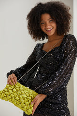 Puffy Quilted Satin Clucth Bag with Detachable Crossbody Strap - Lime
