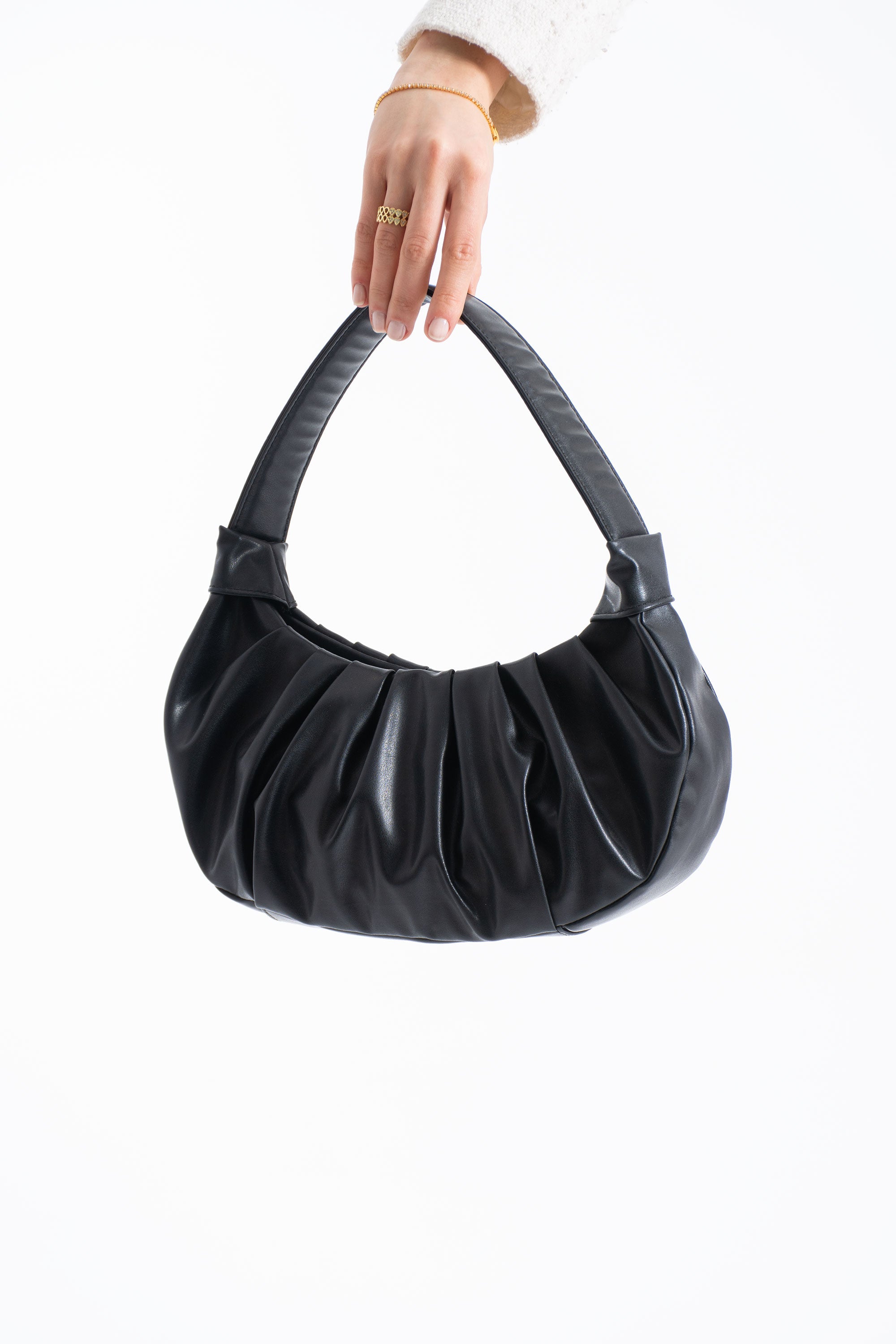 Pleated Pu Leather Shoulder Bag - Black