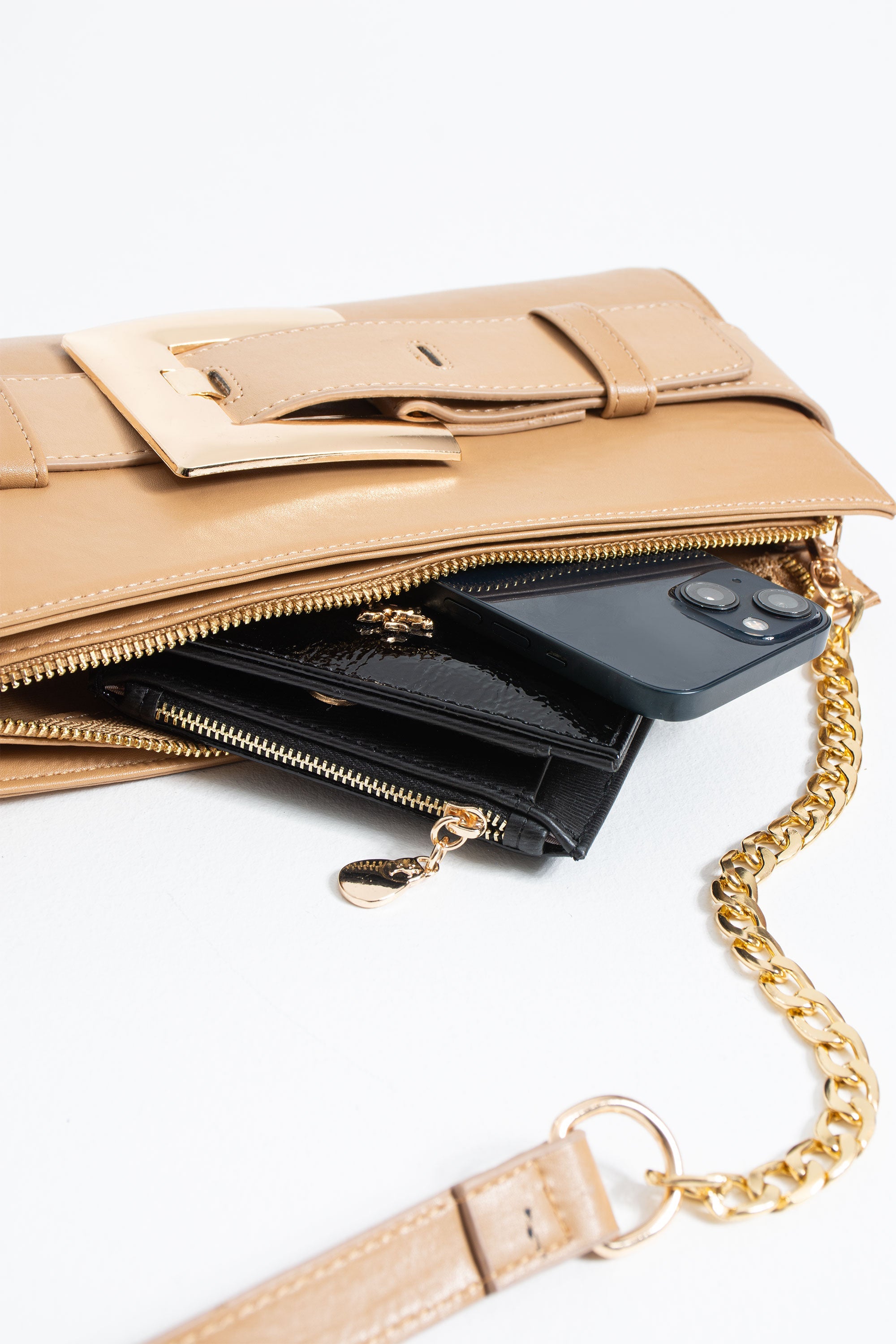 PU Leather Shoulder & Clutch Bag with Large Gold Buckle - Nude