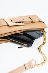 PU Leather Shoulder & Clutch Bag with Large Gold Buckle - Nude
