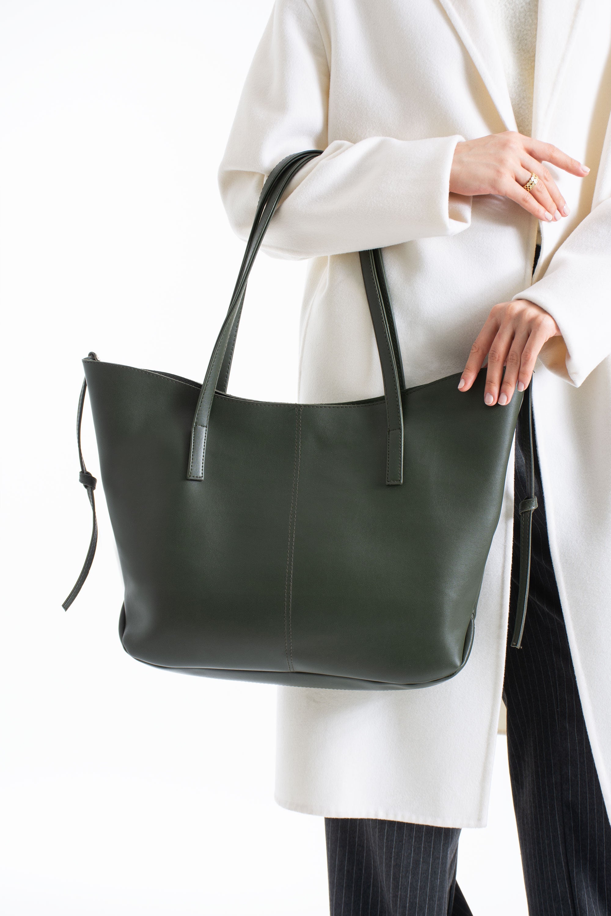 Pu Leather Large Tote Bag with Matching Zipper Pouch  2PCS Set - Green