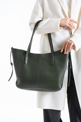 Pu Leather Large Tote Bag with Matching Zipper Pouch  2PCS Set - Green