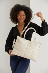 Quilted Pu Leather Tote Bag with Detachable Strap - Cream