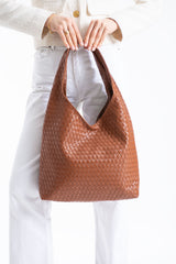Woven Leather Slouchy Tote Bag with Matching Zipper Pouch 2PCS Set - Tan