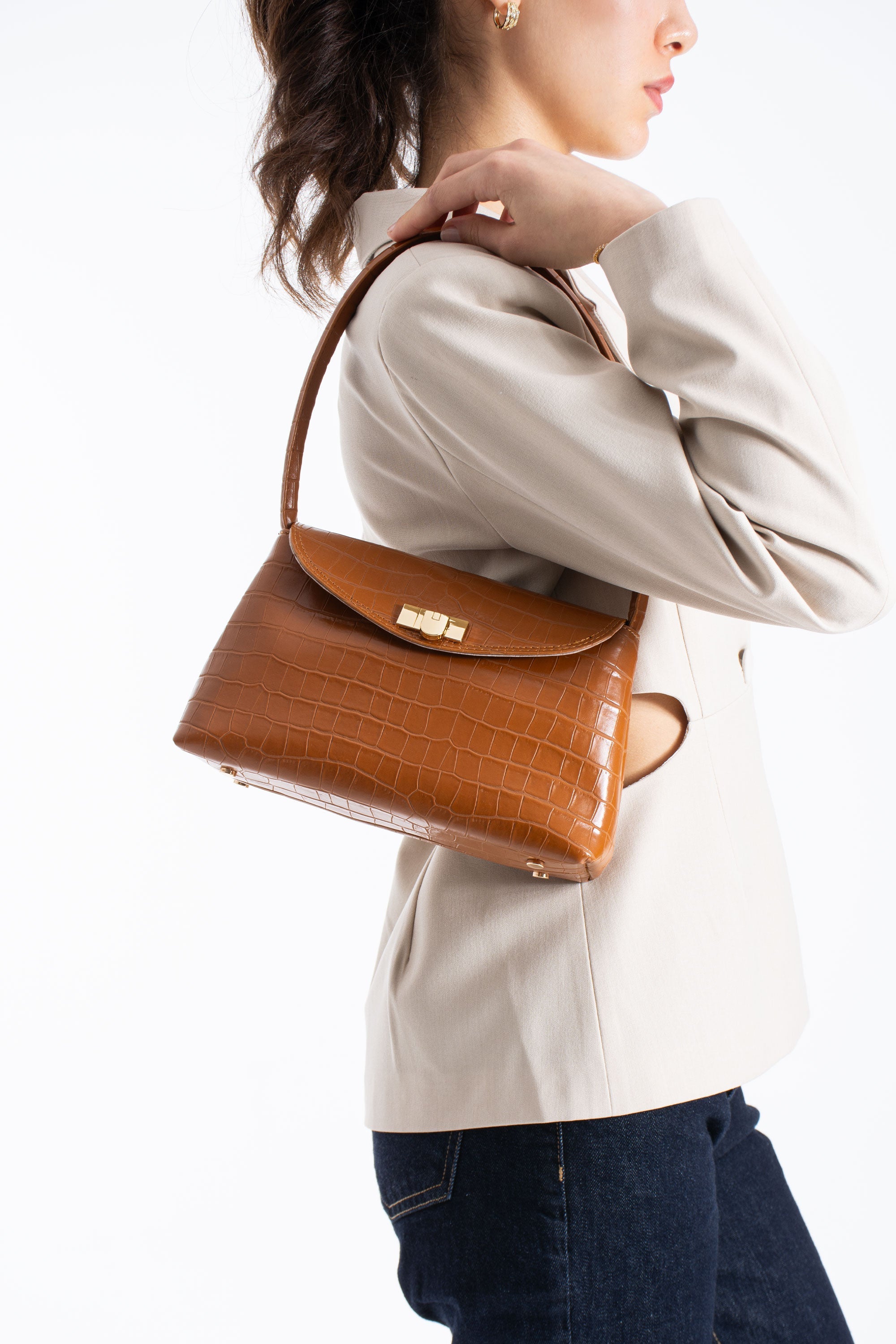 Croc Pu Flap Shoulder Bag - Tan