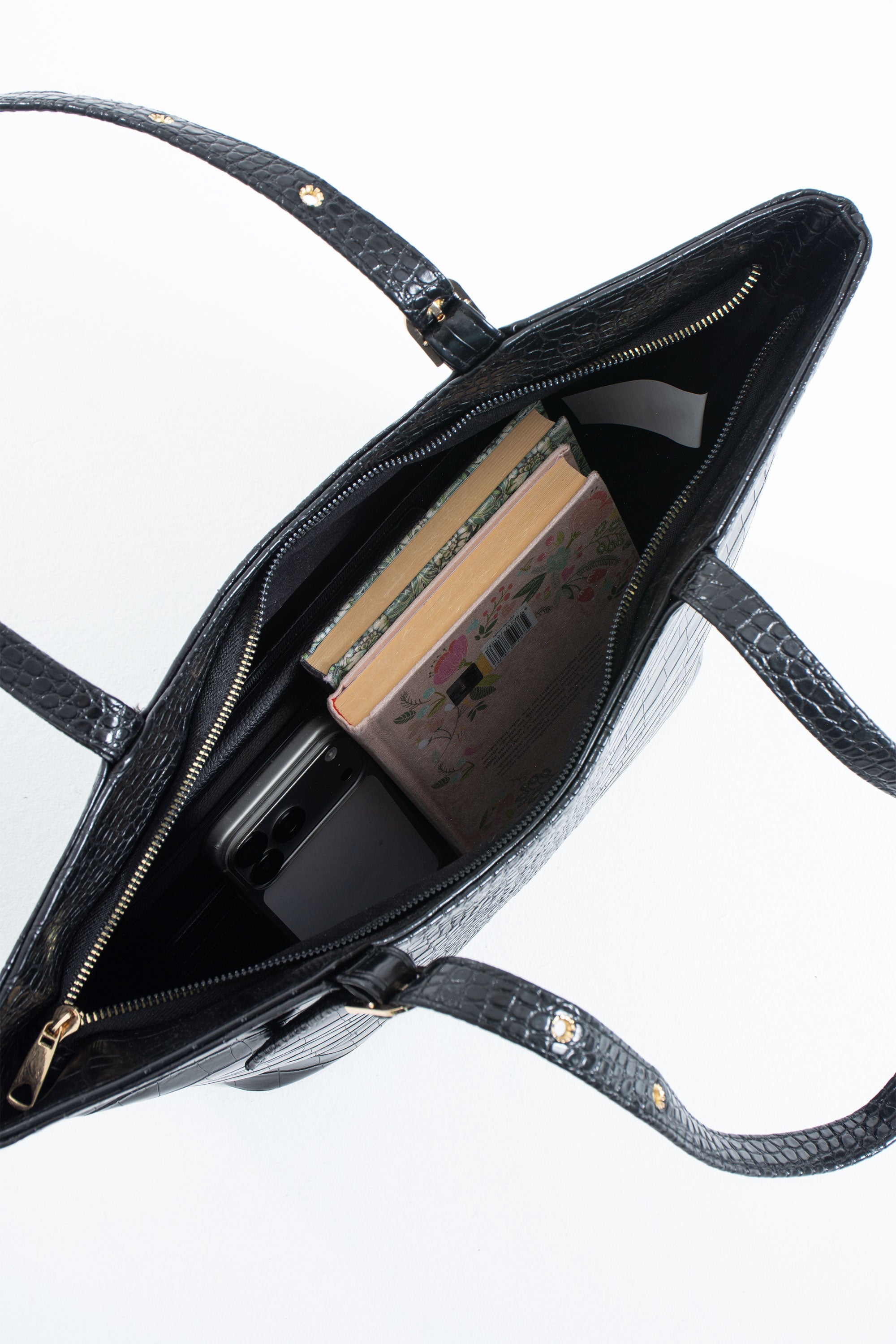 Textured  Pu Leather Tote Bag with Matching Zipper Pouch 2PCS Set - Black