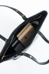 Textured  Pu Leather Tote Bag with Matching Zipper Pouch 2PCS Set - Black
