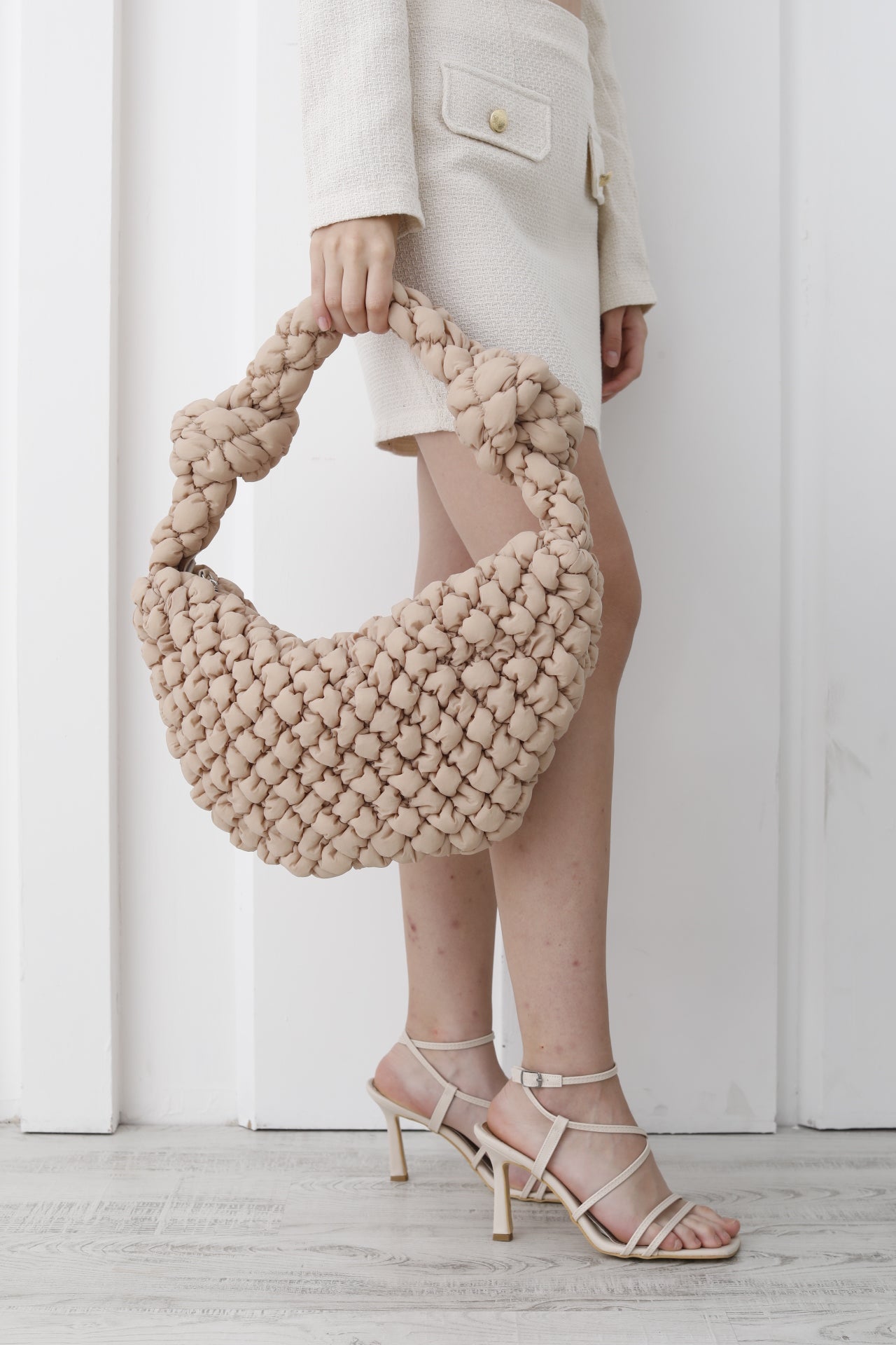 Puffy Quilted Lightweight Large Shoulder Bag - Beige