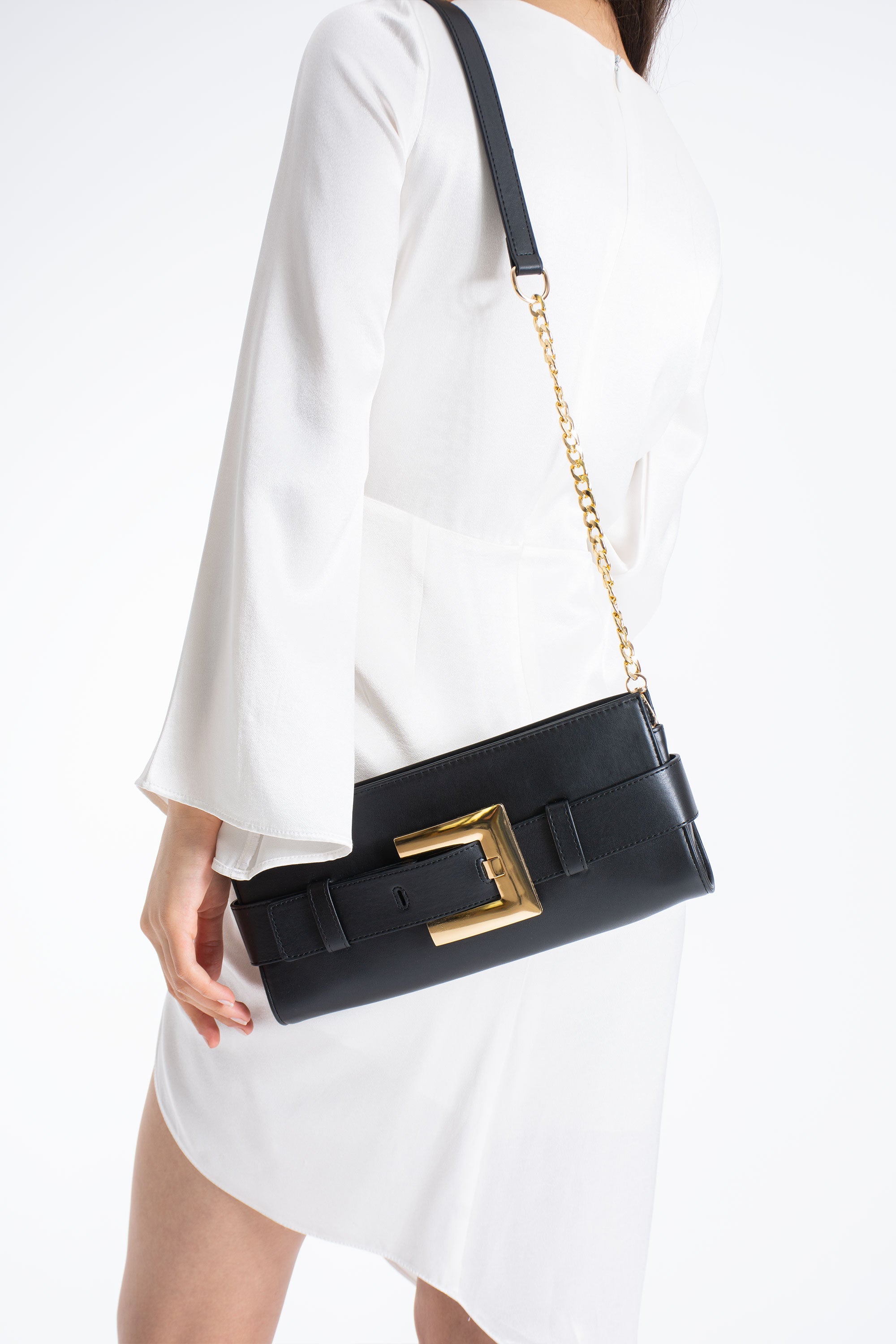 PU Leather Shoulder & Clutch Bag with Large Gold Buckle - Black