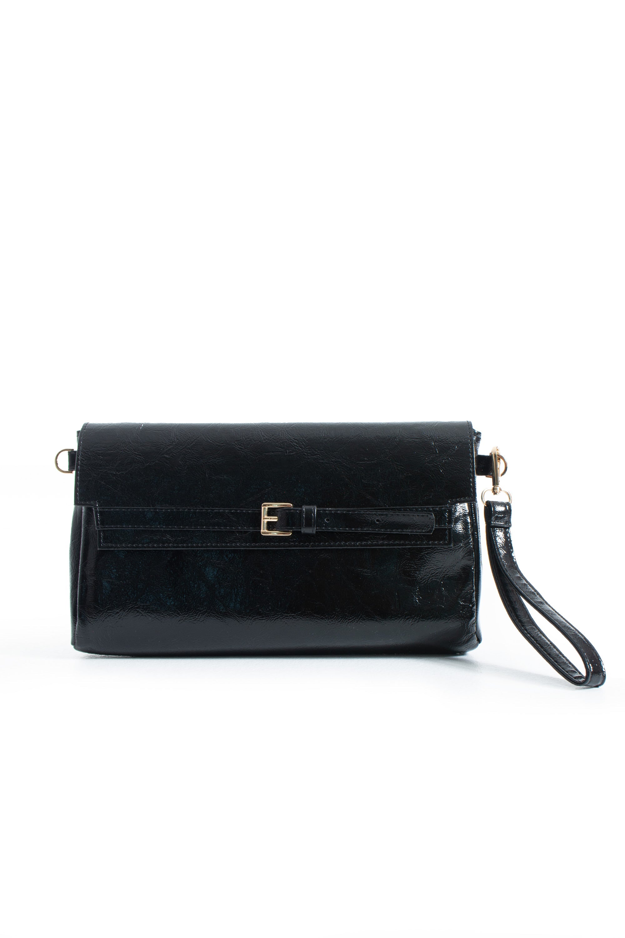Crinkle Patent Flap Closure Wristlet & Clutc&Crossbody  3-in-1 Handbag - Black