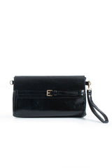 Crinkle Patent Flap Closure Wristlet & Clutc&Crossbody  3-in-1 Handbag - Black