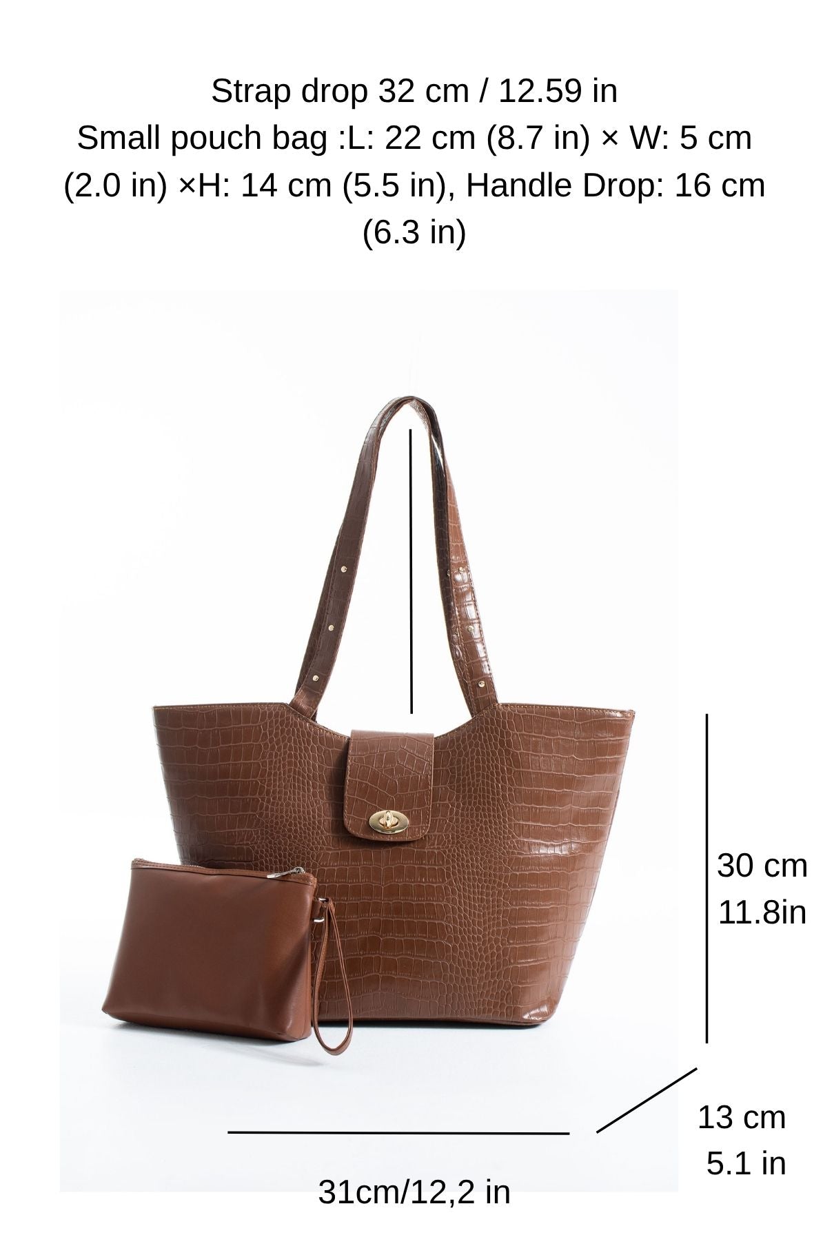 Texured Pu Leather Tote Bag with Matching Zipper Pouch 2PCS Set - Brown