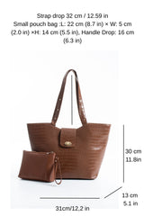 Texured Pu Leather Tote Bag with Matching Zipper Pouch 2PCS Set - Brown