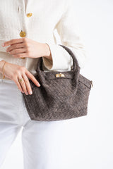 Woven Suede Top Handle Crossbody Bag with Twist Lock Detail - Brown