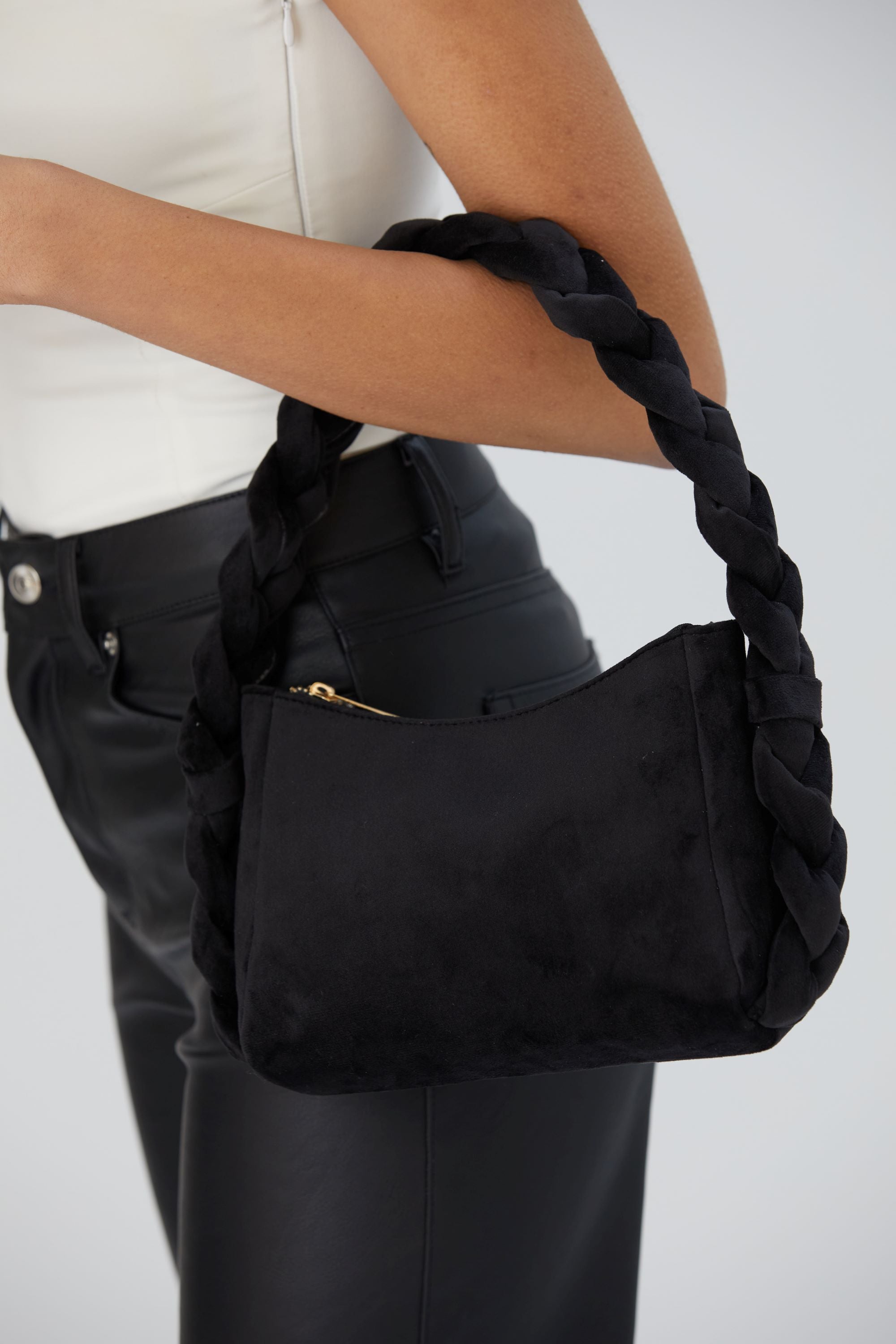 Braided Handle Shoulder Bag - Black