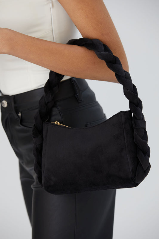 Braided Handle Shoulder Bag - Black