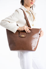 Texured Pu Leather Tote Bag with Matching Zipper Pouch 2PCS Set - Brown