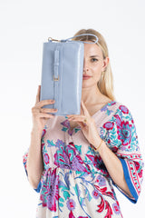 Crinkle Patent Flap Closure Wristlet & Clutc&Crossbody  3-in-1 Handbag - Blue