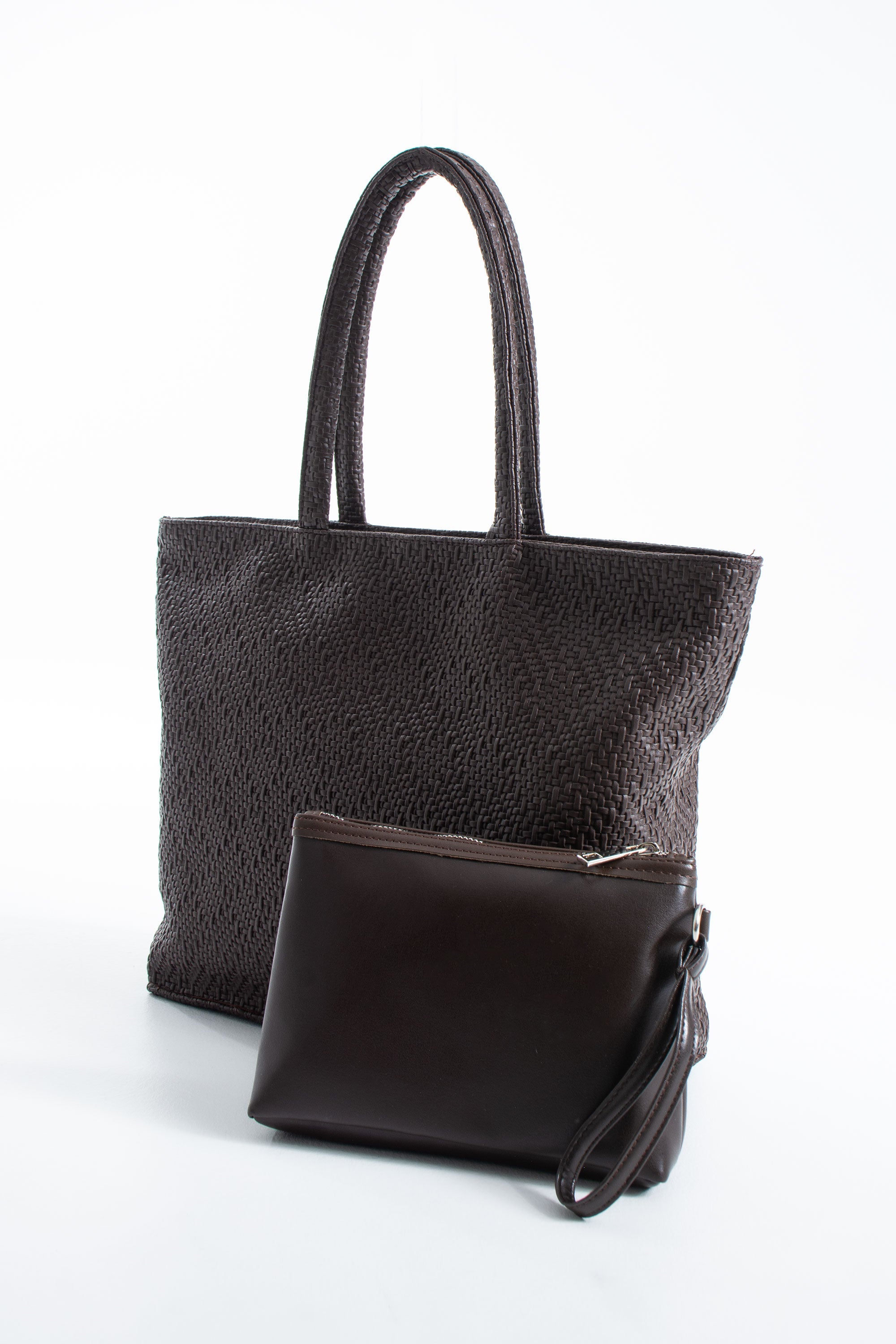 Woven Pu Leather Tote Bag with Matching Zipper Pouch 2PCS Set - Brown