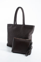 Woven Pu Leather Tote Bag with Matching Zipper Pouch 2PCS Set - Brown