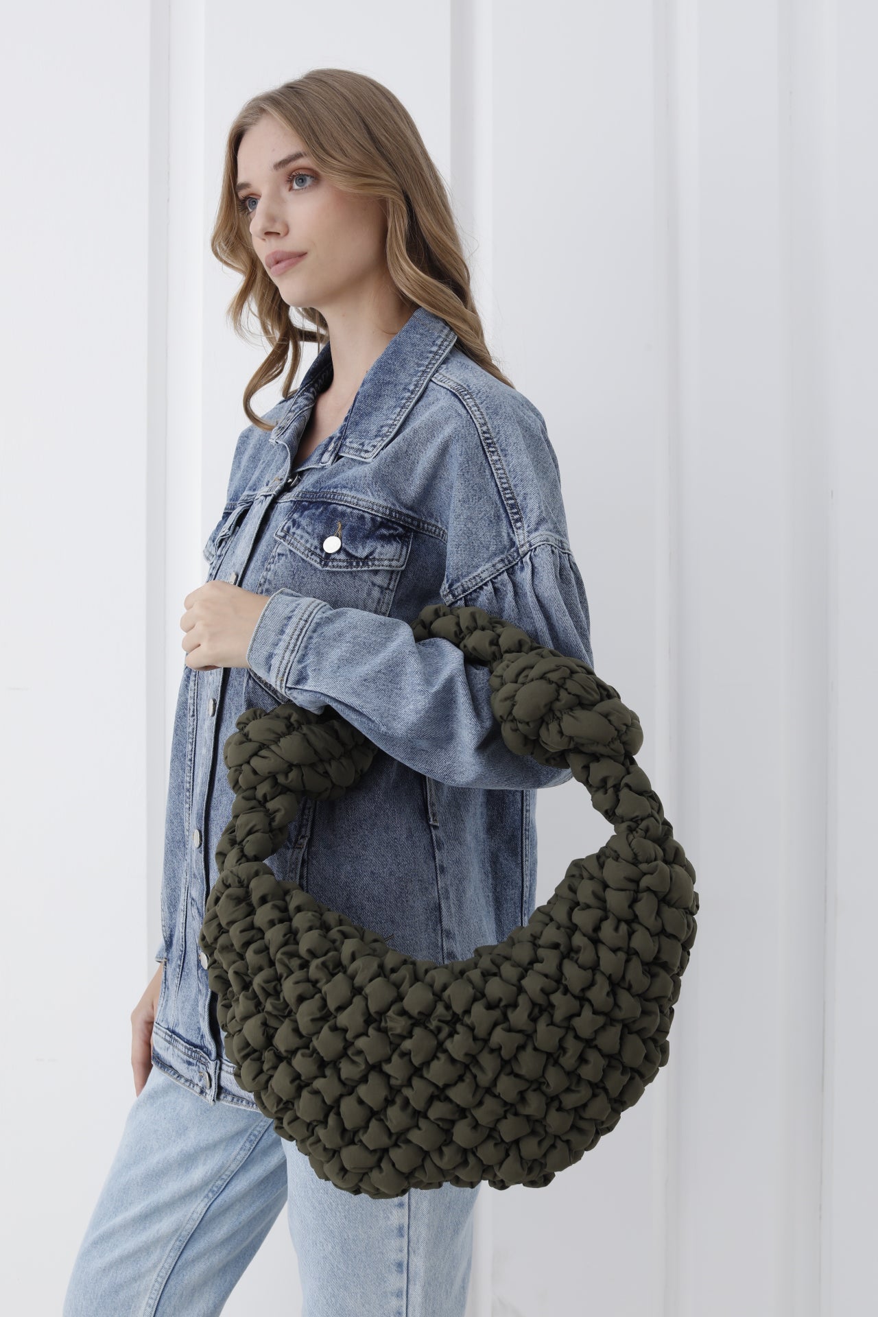 Puffy Quilted Lightweight Large Shoulder Bag - Green