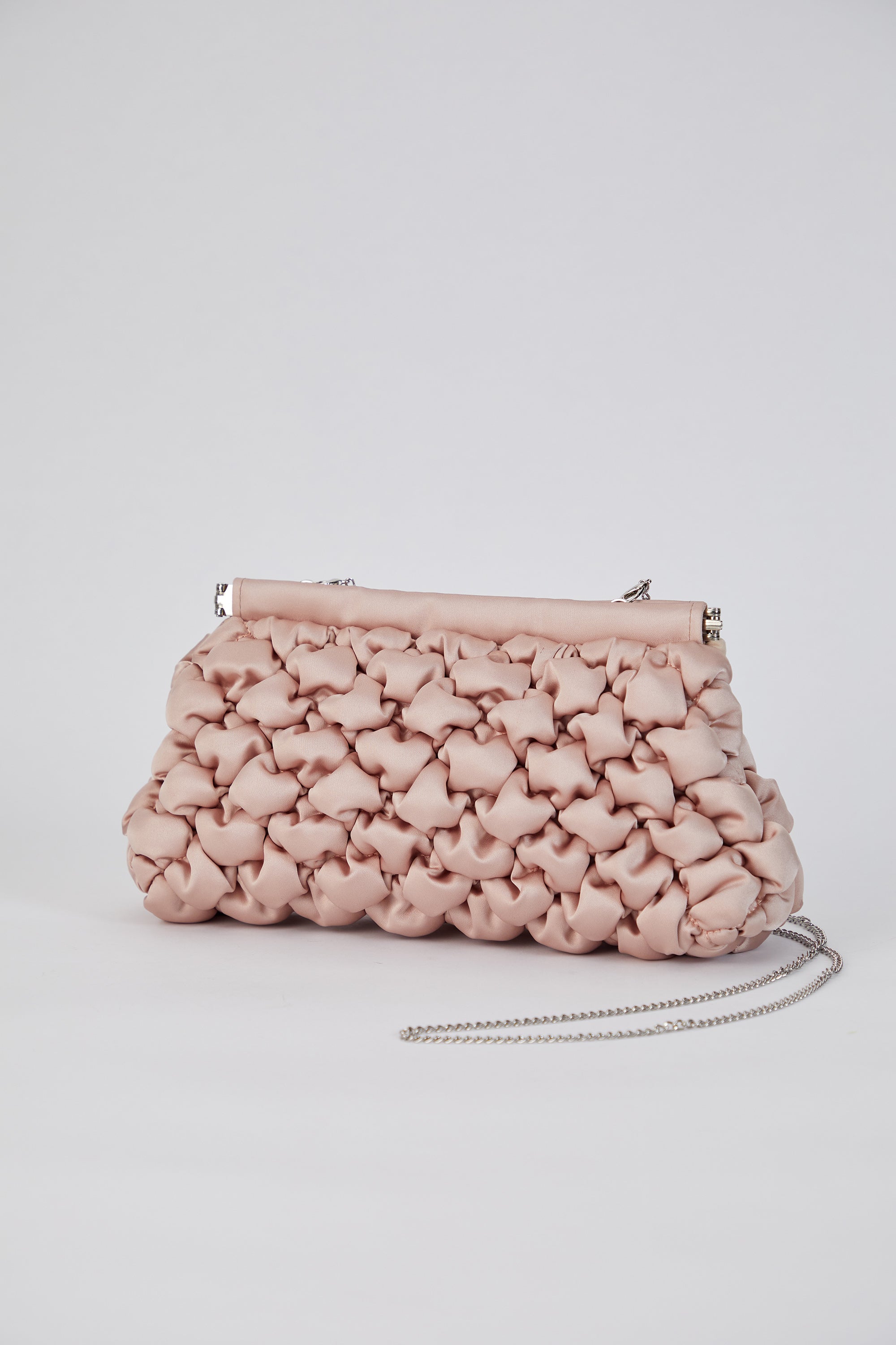 Puffy Quilted Satin Clucth Bag with Detachable Crossbody Strap - Beige