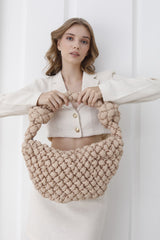 Puffy Quilted Lightweight Large Shoulder Bag - Beige