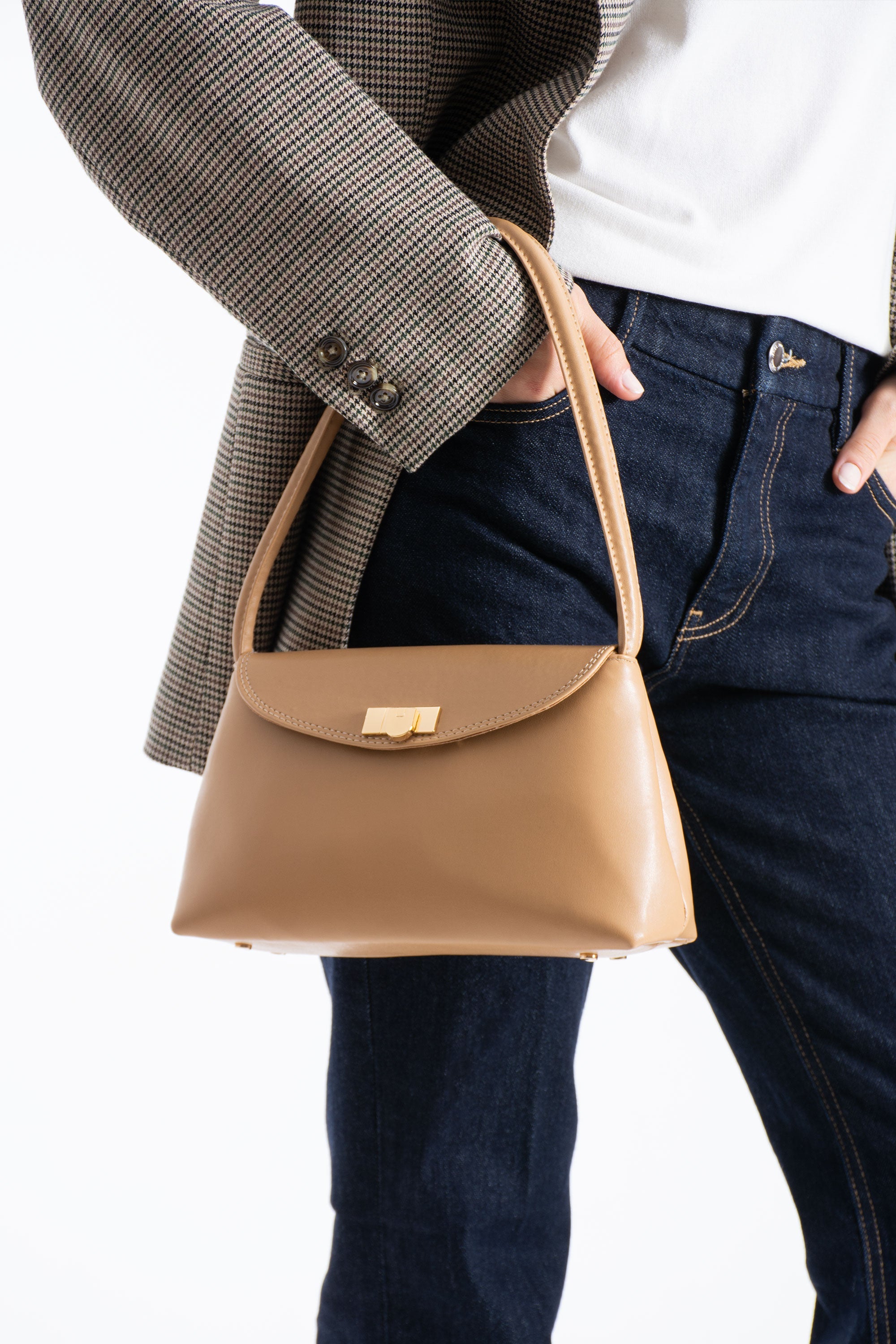 Pu Leather Flap Shoulder Bag - Nude