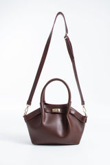 Pu Leather Top Handle Crossbody Bag with Twist Lock Detail - Burgundy