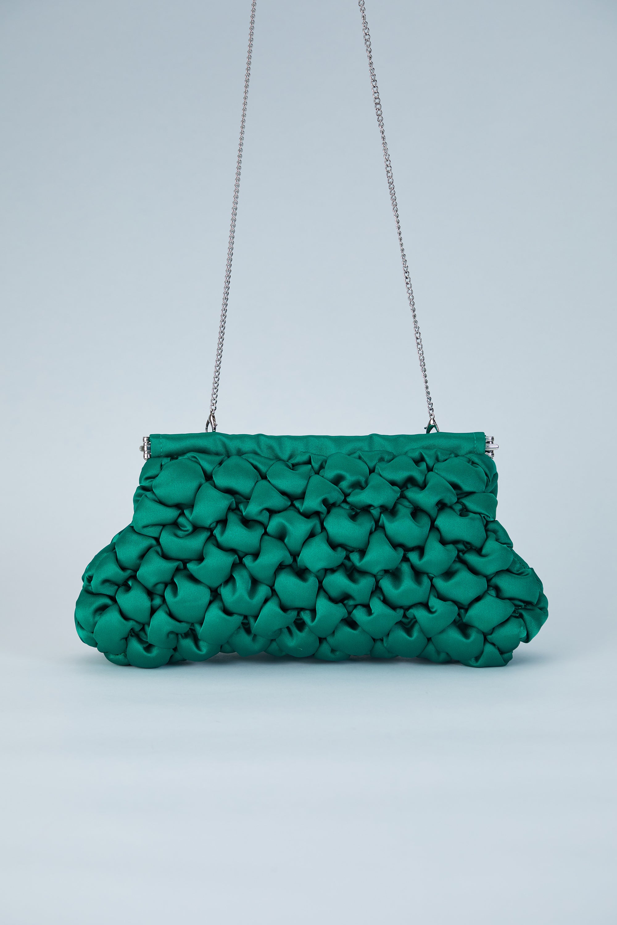 Puffy Quilted Satin Clucth Bag with Detachable Crossbody Strap - Green